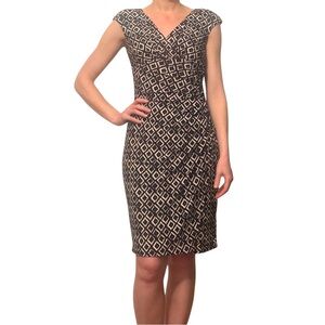 Ralph Lauren Faux Wrap Midi Dress black off-white geometric pattern with ruching